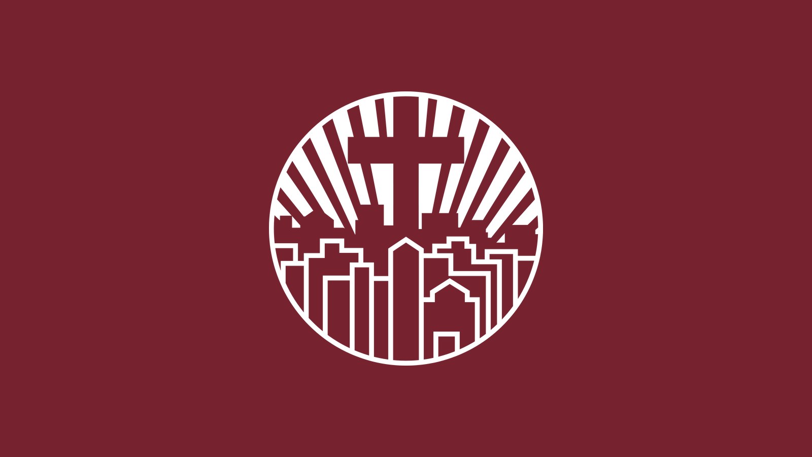 The City of Refuge Christian Church of Northwest Indiana emblem in white, a cross cut out of rays of light over a city skyline inside a circle, centred on a burgundy field