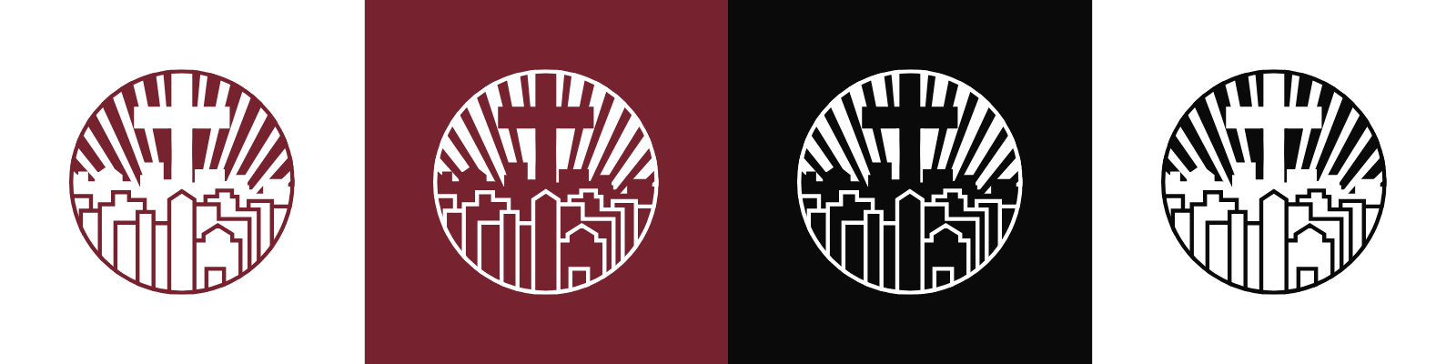 The four approved pairings: burgundy on white, white on burgundy, white on black, and black on white