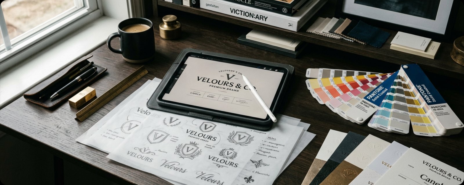 Brand identity design workspace with logo sketches and color swatches