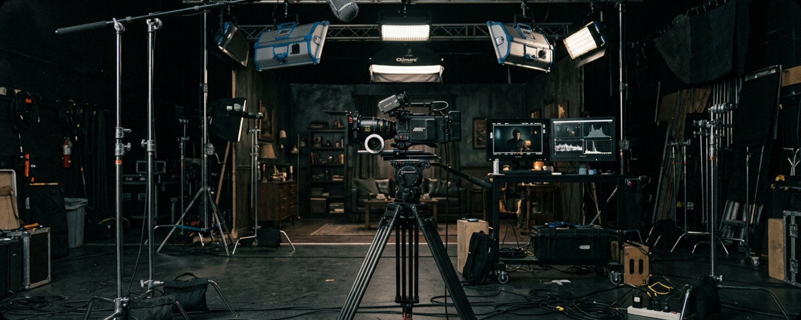 Professional film production studio with cinema camera and lighting equipment