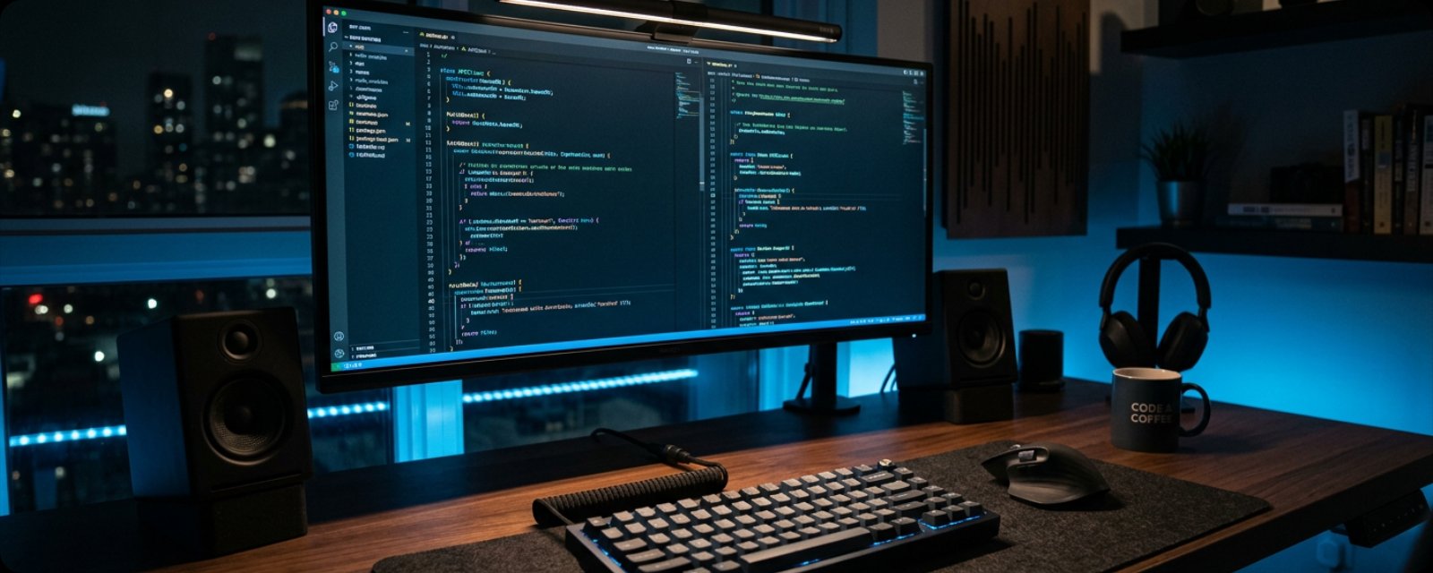 Developer workspace with code on ultrawide monitor and blue accent lighting