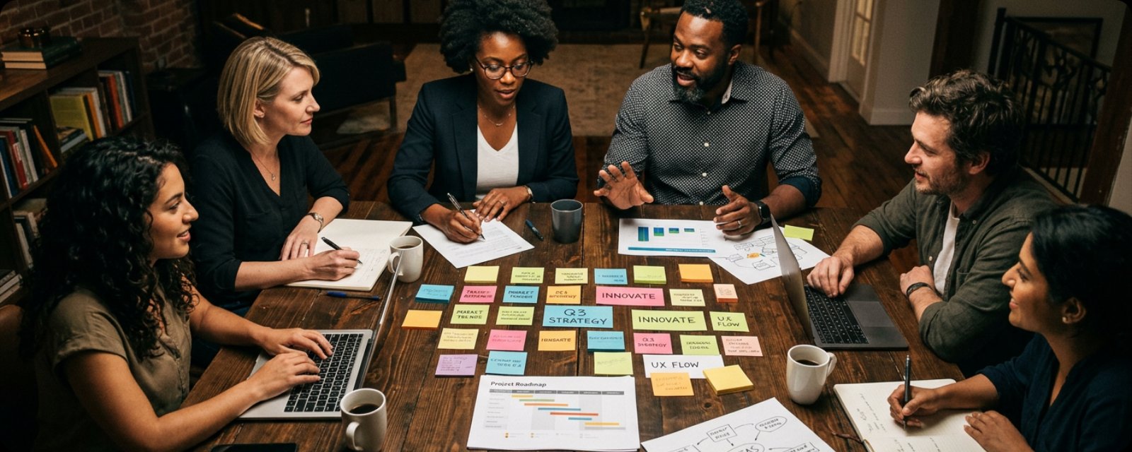 Diverse team of professionals brainstorming strategy with sticky notes